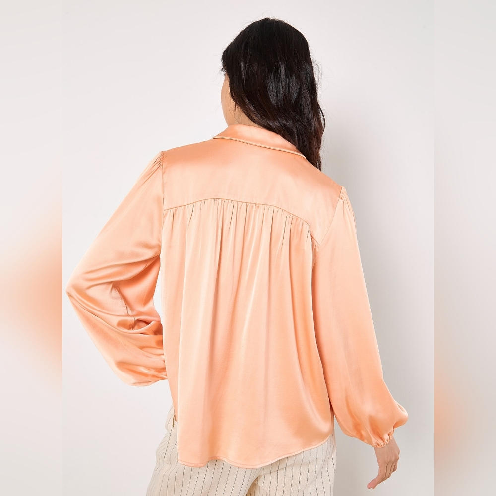 Peach Satin V Neck Collared Blouse - Picture 10 of 12